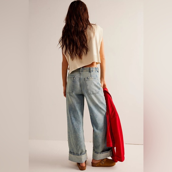 Free People We The Free Palmer Jeans Denim Cuffed Wide Leg Size 32 - Picture 2 of 12